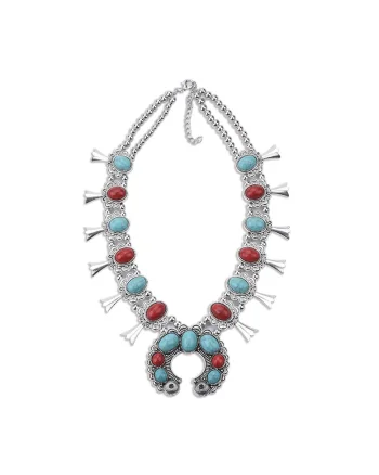 Colier argintiu, stil boho, cu pietre turquoise si rosii, Roxanna C6,