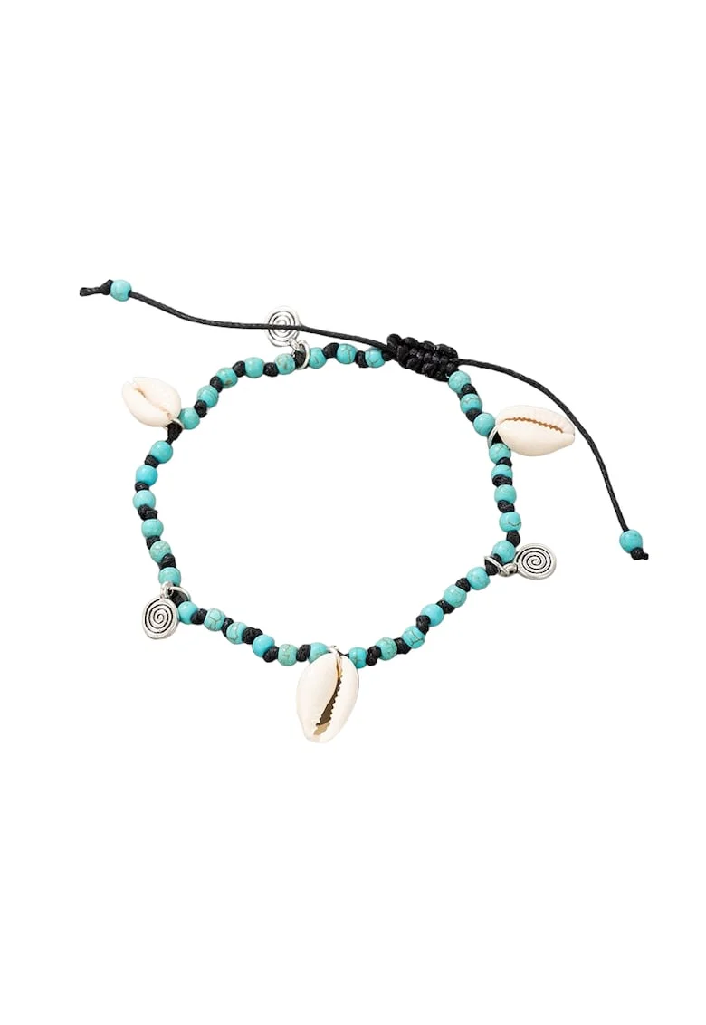 Bratara de picior, neagra, cu margelute turquoise si scoici, Garry C2,