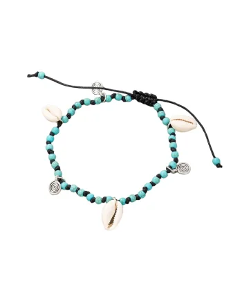 Bratara de picior, neagra, cu margelute turquoise si scoici, Garry C2,