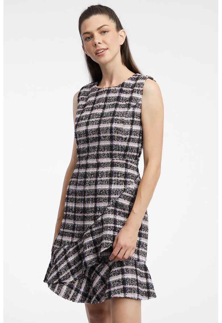 Rochie cu model in carouri, fara maneci, Negru/Alb murdar
