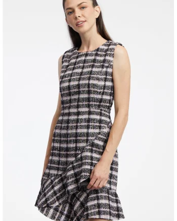 Rochie cu model in carouri, fara maneci, Negru/Alb murdar