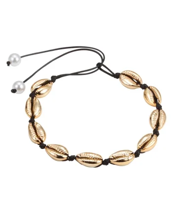 Colier cu scoici metalice, aurii, snur negru, ajustabil, Sanita C3,