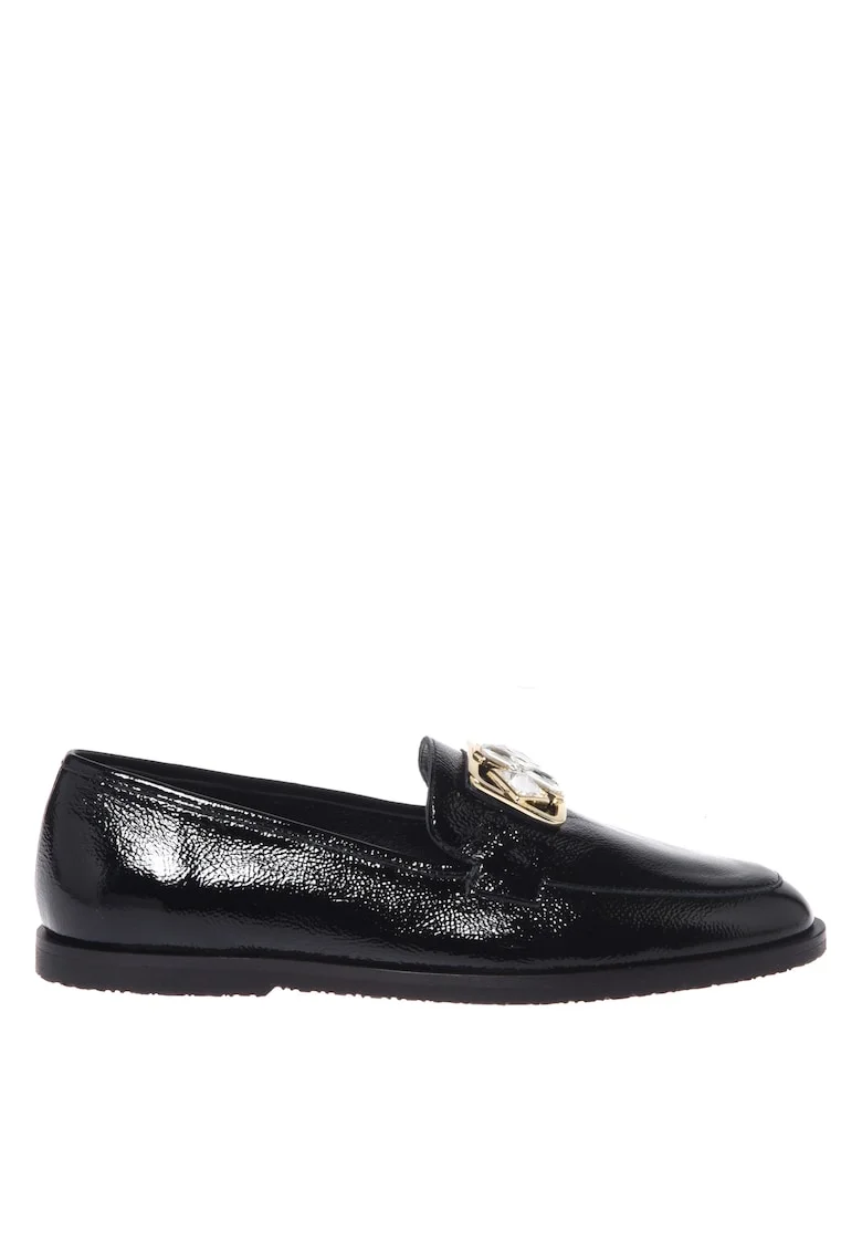 Pantofi loafer din piele lacuita cu detaliu bijuterie, Negru