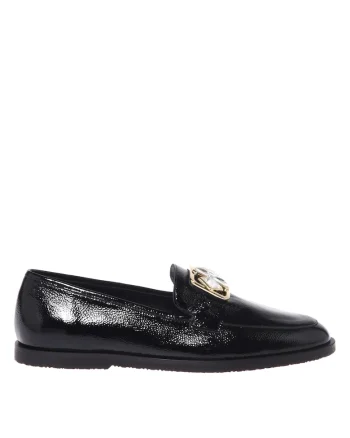 Pantofi loafer din piele lacuita cu detaliu bijuterie, Negru