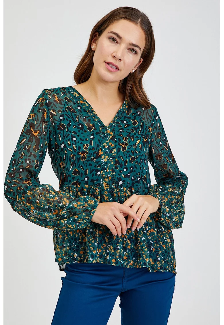 Bluza cu model si decolteu in V, Negru/Maro