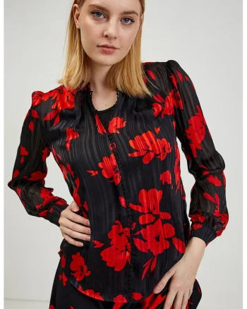 Bluza cu decolteu in V si imprimeu, Rosu/Negru