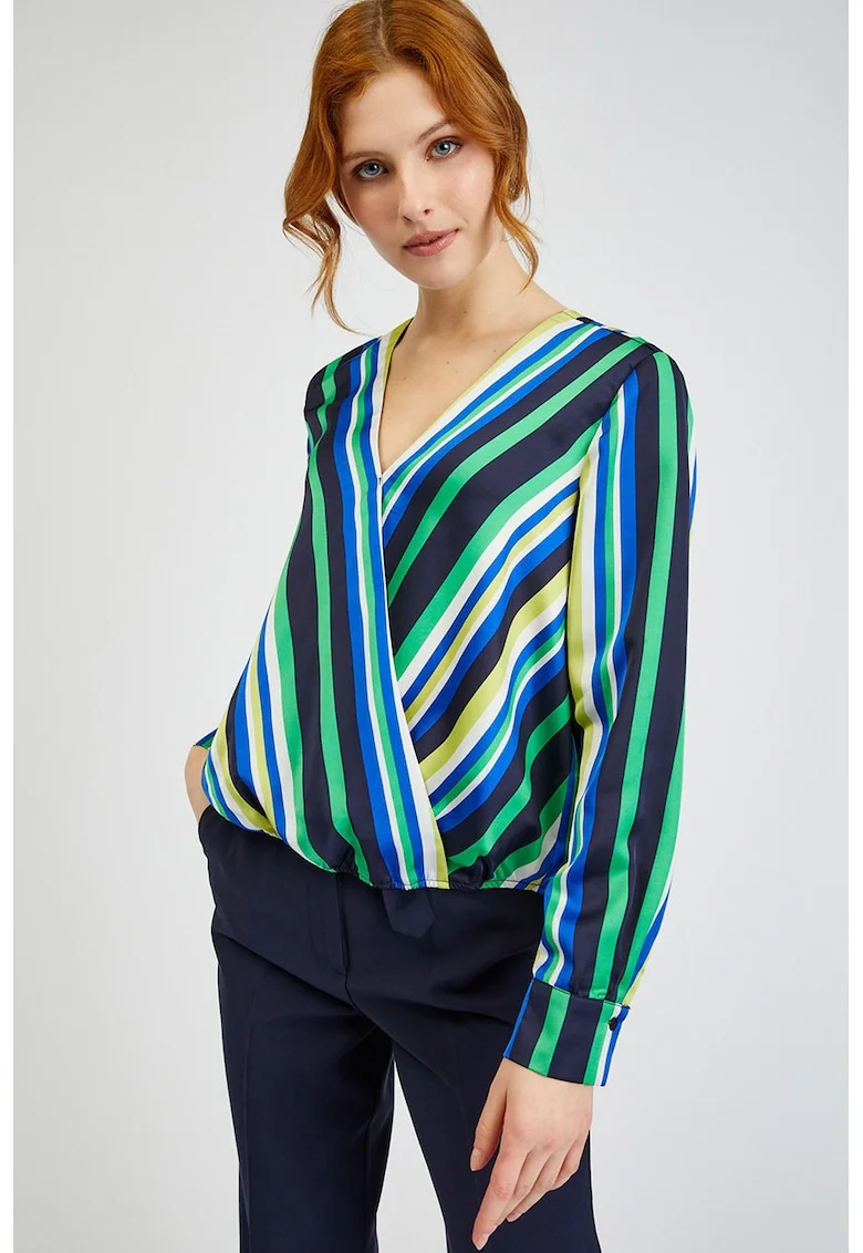 Bluza cu dungi si decolteu in V, Verde/Albastru