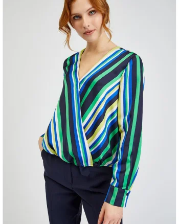 Bluza cu dungi si decolteu in V, Verde/Albastru