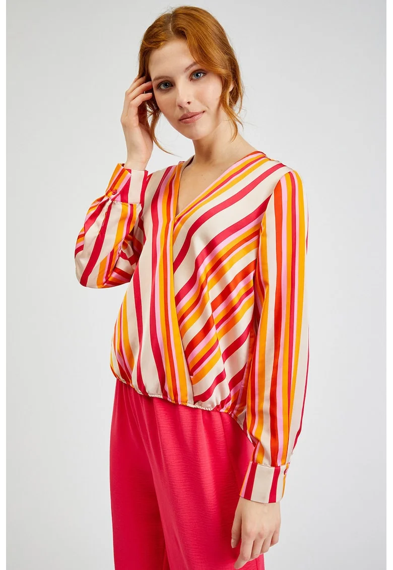 Bluza cu dungi si decolteu in V, Portocaliu/Roz