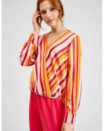 Bluza cu dungi si decolteu in V, Portocaliu/Roz
