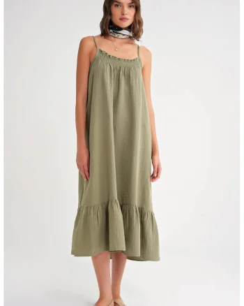 Rochie Midi HiCCUP, cu volane, verde salvie, textil