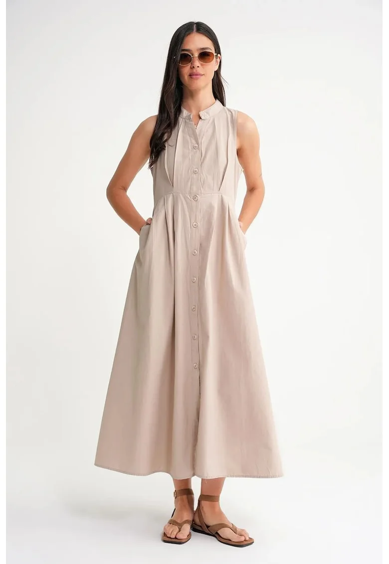 Rochie maxi, HiCCUP, guler tippet, cu nasturi, bej, textil