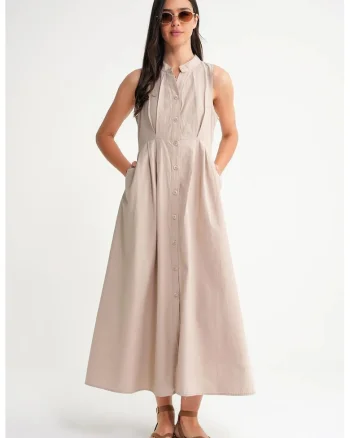 Rochie maxi, HiCCUP, guler tippet, cu nasturi, bej, textil