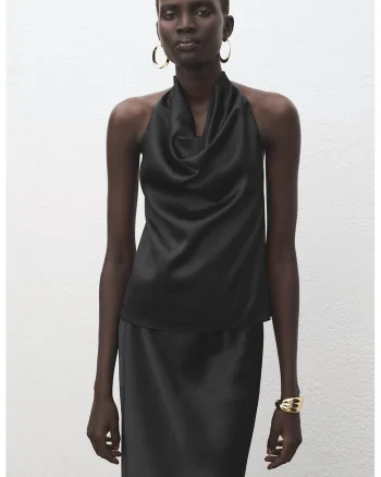 Bluza cu decolteu drapat, fara maneci, Negru