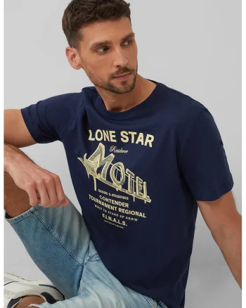 Tricou barbati cu decolteu la baza gatului, imprimeu text, Regular fit, Galben/Bleumarin