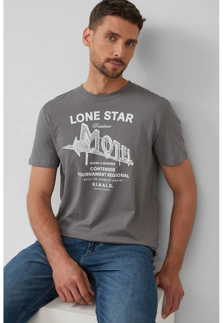 Tricou barbati cu decolteu la baza gatului, imprimeu text, Regular fit, Alb/Gri