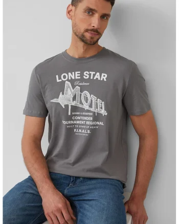 Tricou barbati cu decolteu la baza gatului, imprimeu text, Regular fit, Alb/Gri