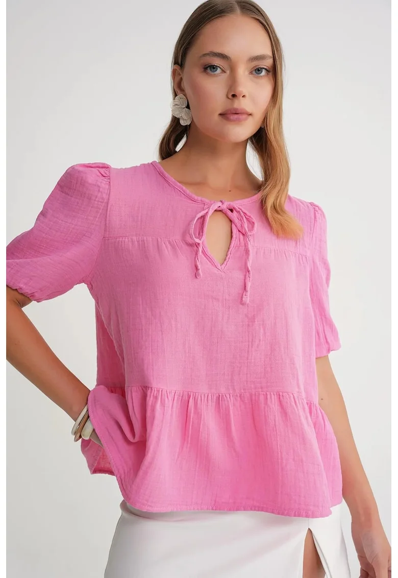 Bluza dama HiCCUP, muselina texturata, decolteu rotund, roz pudrat, bumbac
