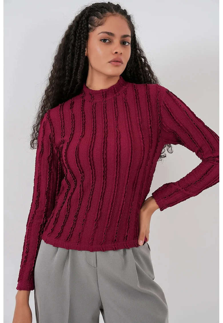 Bluza dama, HiCCUP, Bluza Texturata Slim Fit cu Guler Inalt, Rosu Burgundi, Jerseu