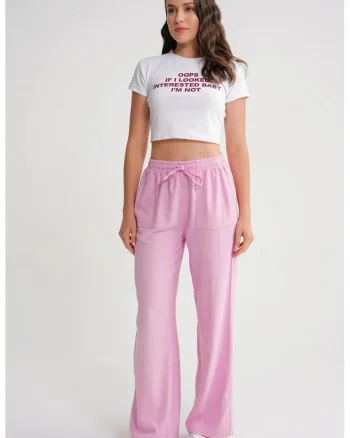 Pantaloni dama  lungi, talie elastica, roz pudrat, textil