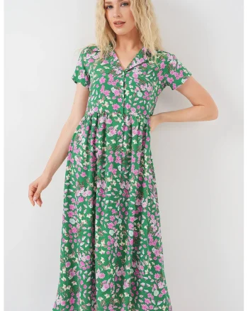 Rochie midi dama HiCCUP, imprimeu floral, Verde