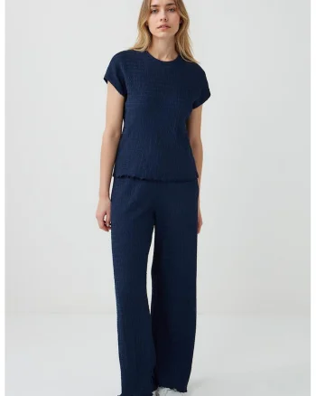 Pantaloni texturati cu croiala ampla, Bleumarin