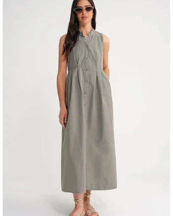 Rochie maxi, HiCCUP, guler cu nasturi, gri, textil