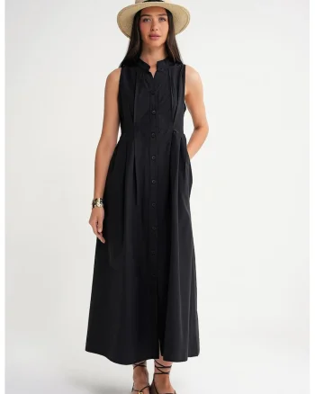 Rochie maxi, HiCCUP, guler tippet, nasturi, negru, textil