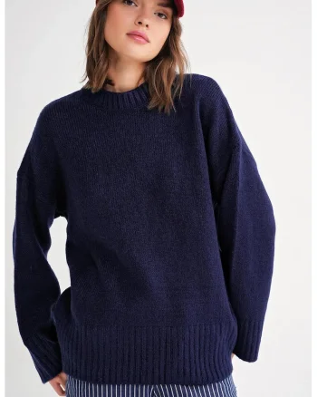 Pulover dama  tricotat oversized, cu guler rotund, textil, Albastru marin,