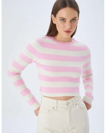 Pulover dama  tricotat cu dungi, roz pudrat, material tricot,