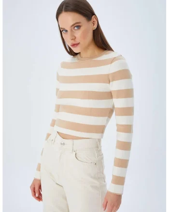 Pulover tricotat  cu nervuri si dungi, bej, tricot,