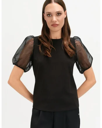 Buza cu maneci semi-transparente bufante, Negru