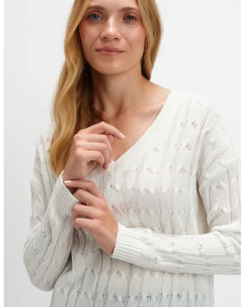 Pulover cu decolteu in V si mansete striate, Alb