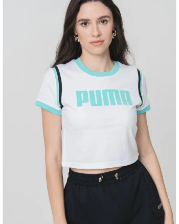 Tricou crop cu imprimeu logo, Alb/Negru/Albastru aquamarin