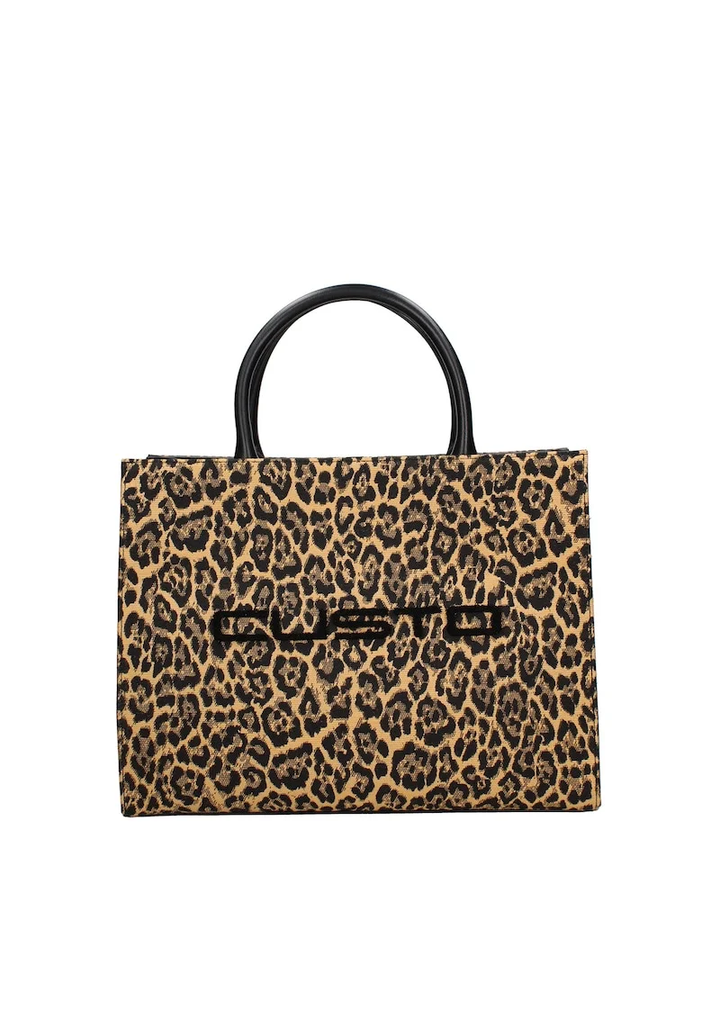 Geanta tote cu animal print si logo, Negru/Bej
