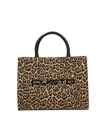 Geanta tote cu animal print si logo, Negru/Bej