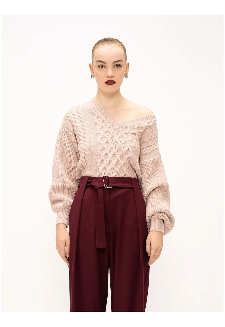 Pulover din amestec de lana cu design torsade, Roz pal