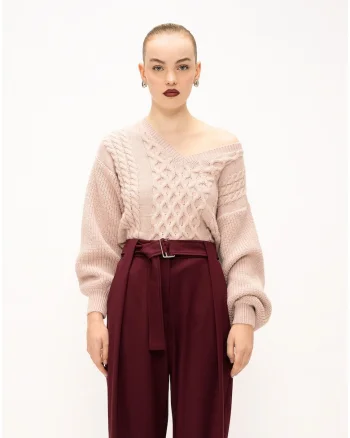 Pulover din amestec de lana cu design torsade, Roz pal
