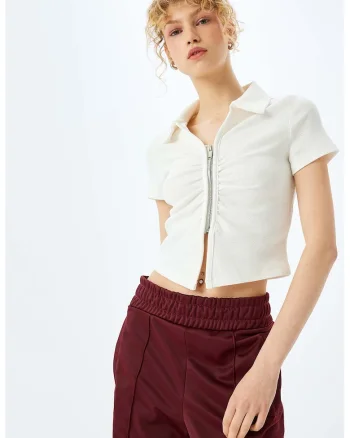 Tricou crop cu fermoar si decolteu in V, Alb murdar