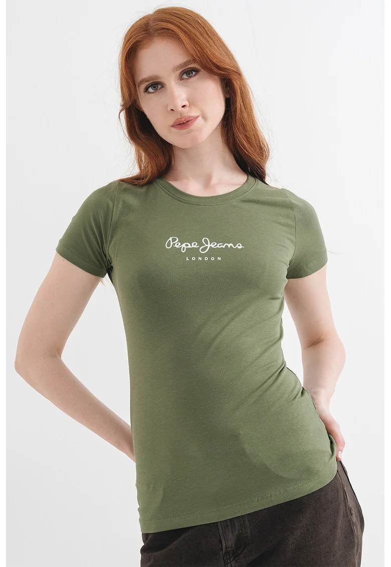 Tricou slim fit cu logo, Alb optic/Verde aquamarin