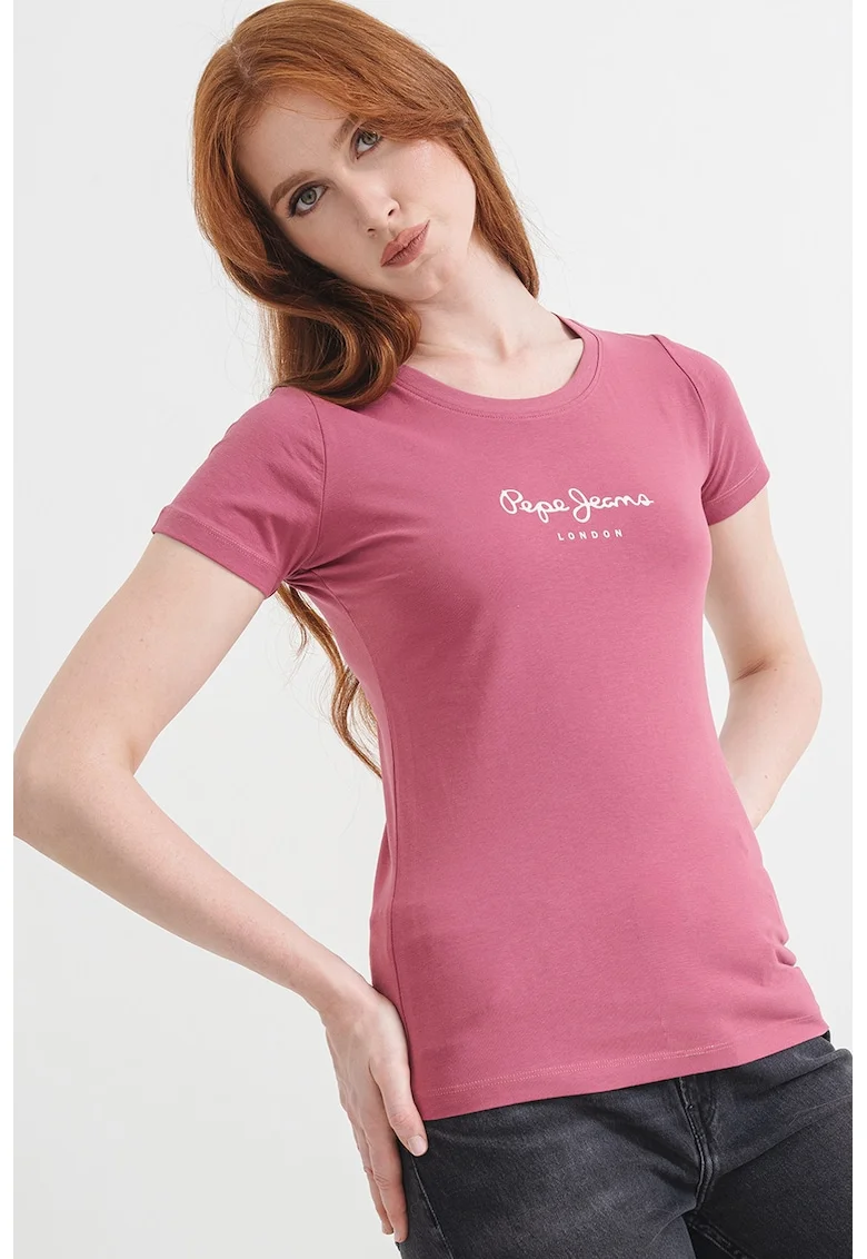 Tricou slim fit cu logo, Roz zmeuriu