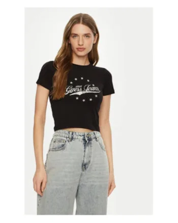 Tricou crop cu print logo., Negru
