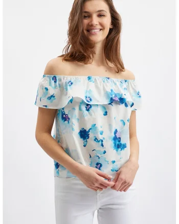 Bluza cu decolteu pe umeri si imprimeu floral, Alb/Albastru