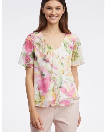 Bluza cu decolteu in V si garnitura cu volane, Alb/Roz