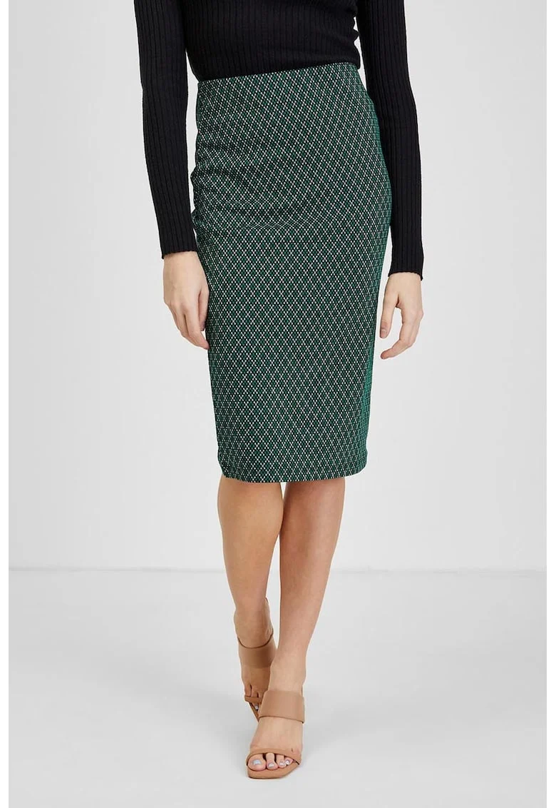 Fusta midi cu croiala cambrata si model in carouri, Verde