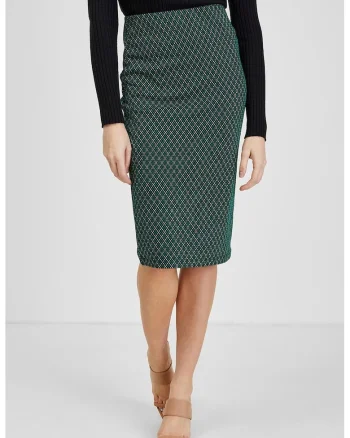 Fusta midi cu croiala cambrata si model in carouri, Verde