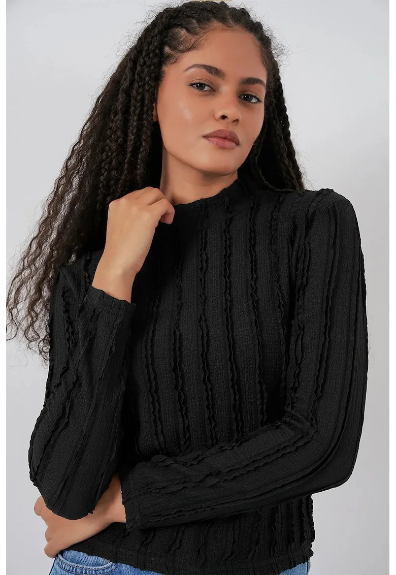 Bluza dama, HiCCUP, Texturata Slim Fit, Guler Inalt, Negru, Jerseu, Negru