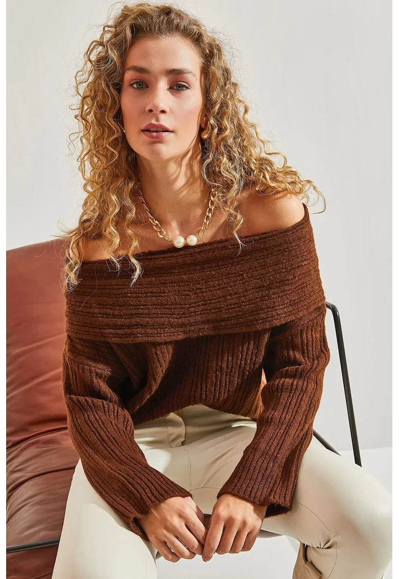 Pulover dama,  tricotat, off shoulder, maro mocha,