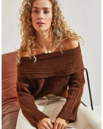Pulover dama,  tricotat, off shoulder, maro mocha,