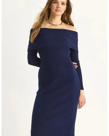 Rochie Midi,  Albastru marin, Tricot, Albastru marin,